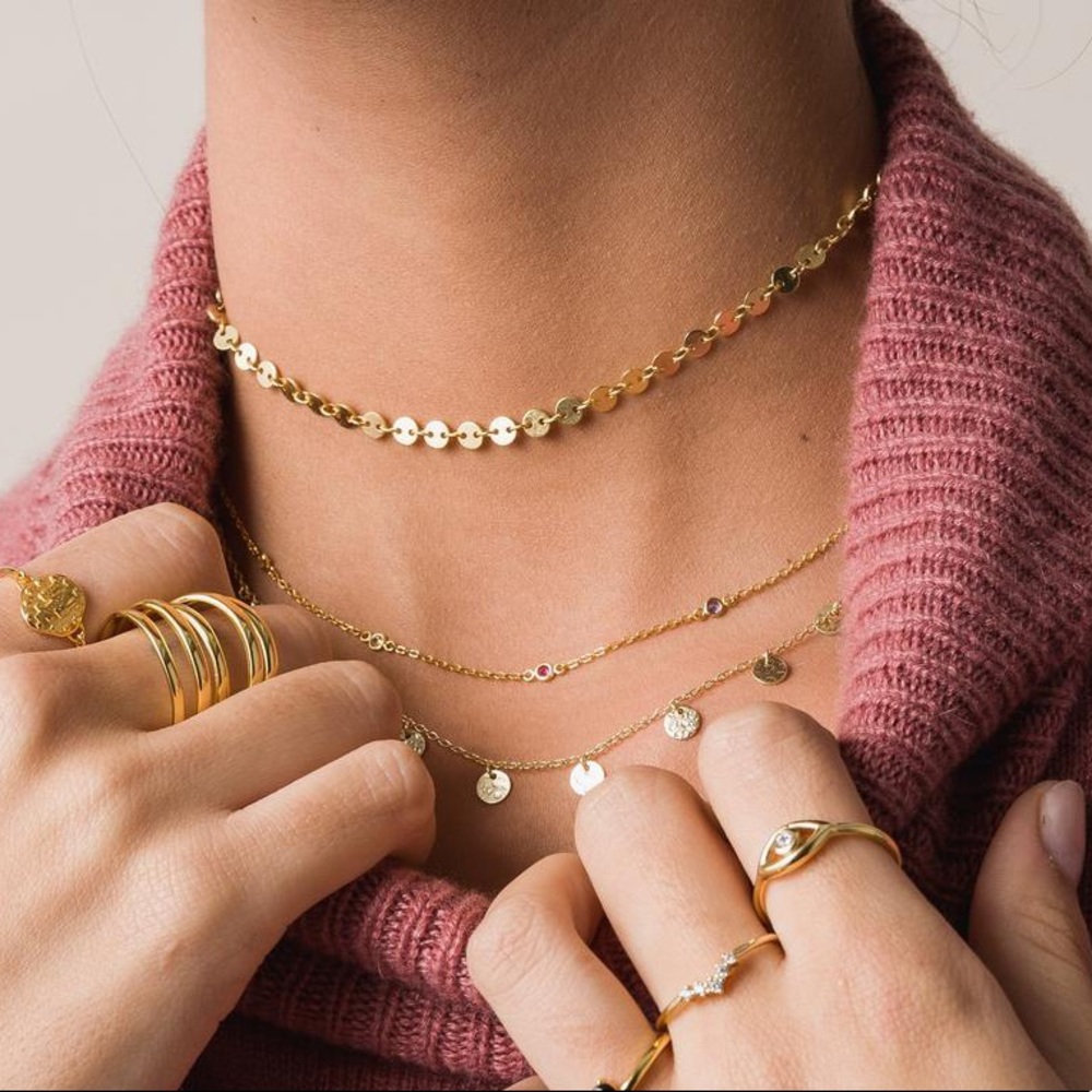 Layered Gold Lace Chain & Disc Choker Necklaces - Picture 4 of 5